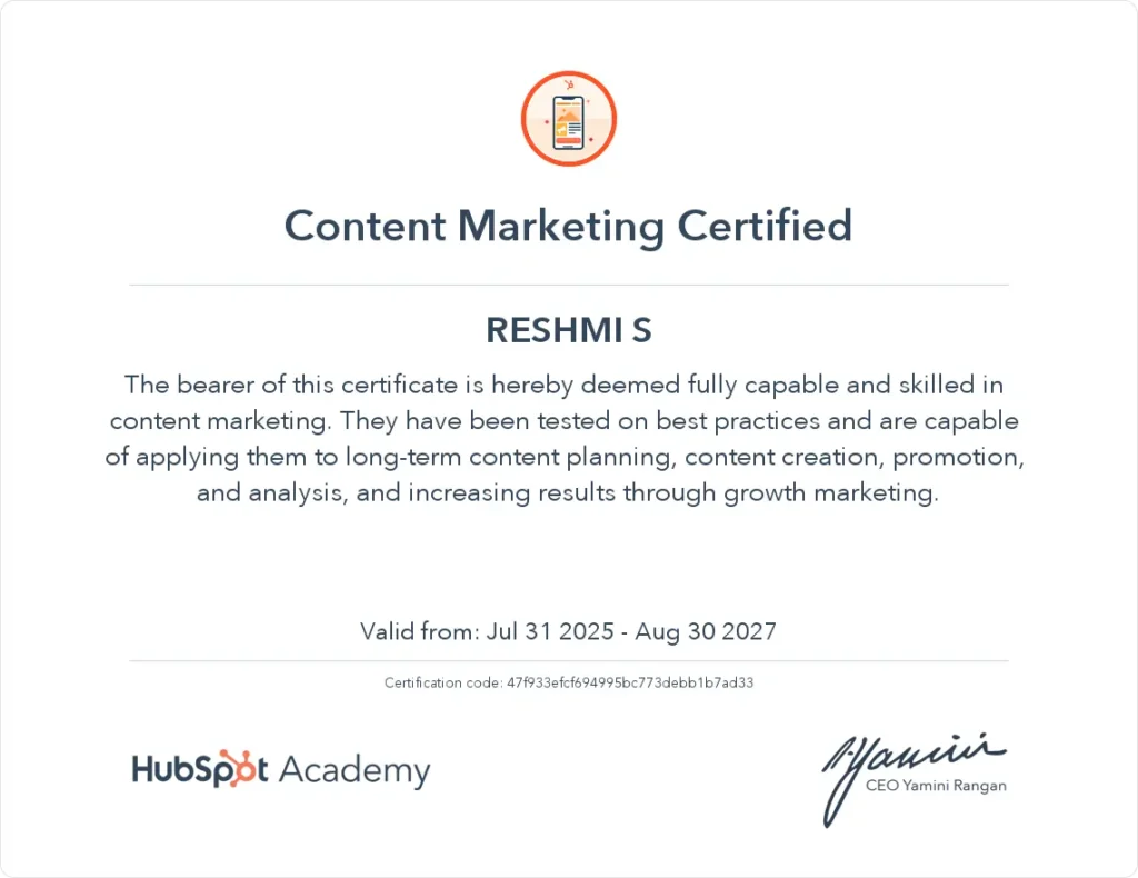 certificate of hubspot academy digital marketing freelancer in coimbatore