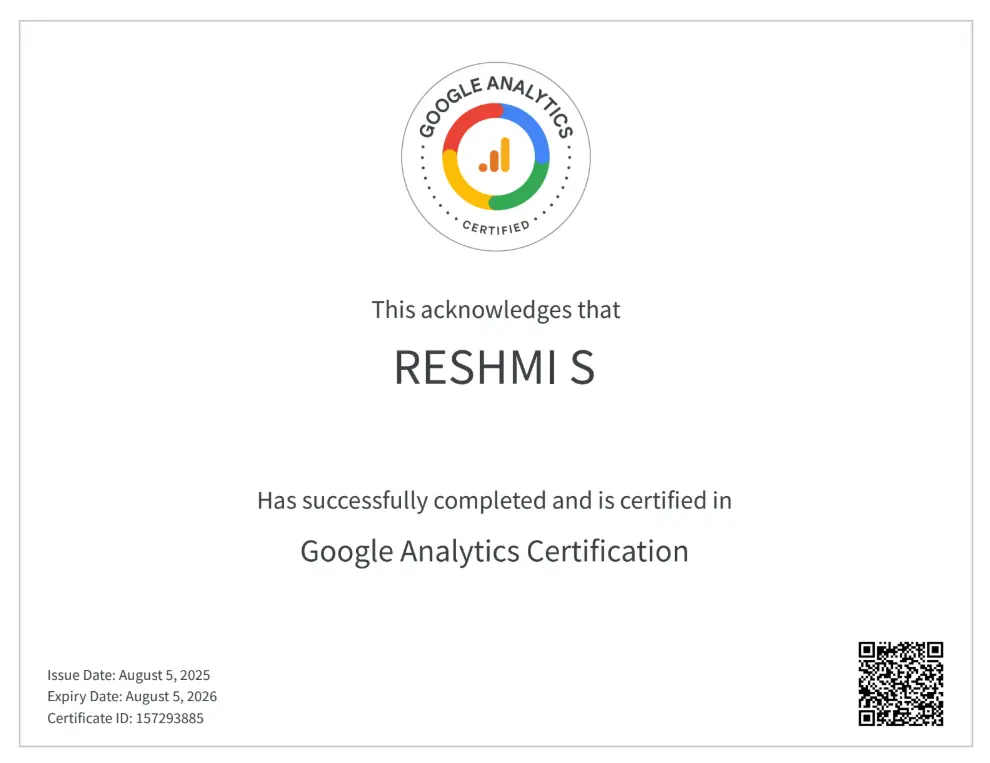 certificate of google analytics digital marketing freelancer in coimbatore