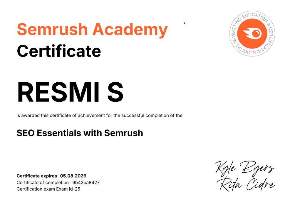 certificate of semrush academy digital marketing freelancer in coimbatore
